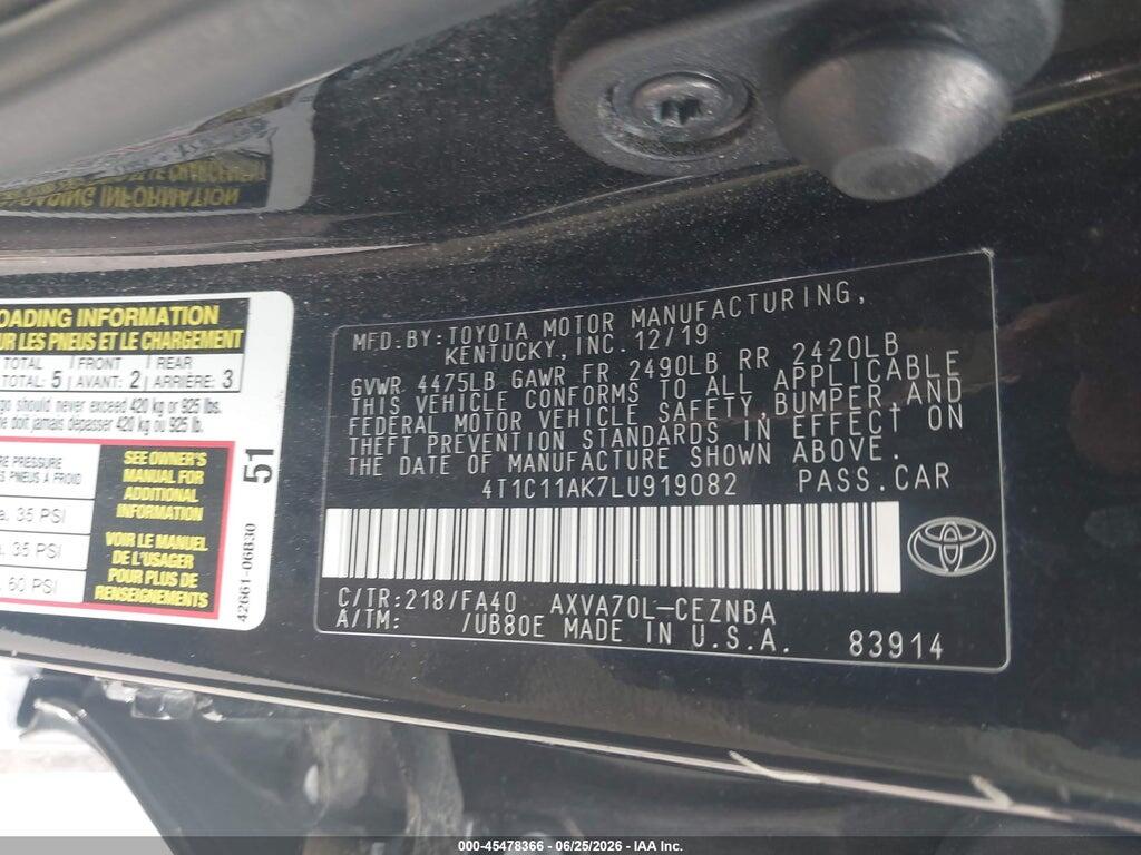 4T1C11AK7LU919082 2020 TOYOTA CAMRY photo no. 9