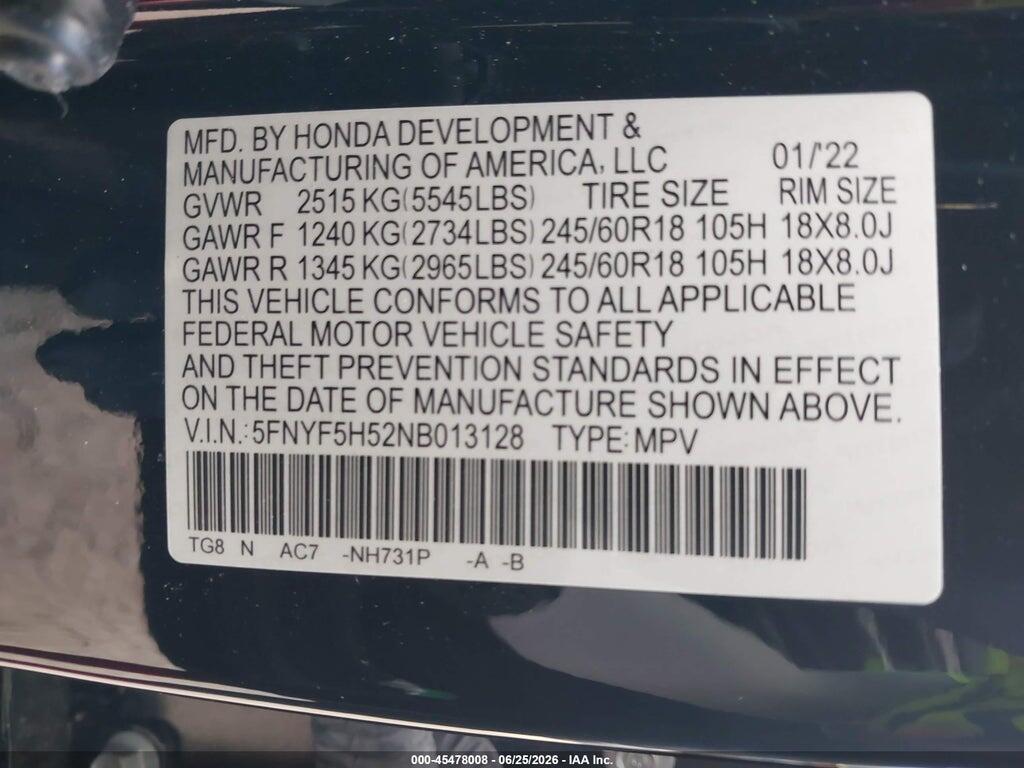 5FNYF5H52NB013128 2022 HONDA PILOT photo no. 9