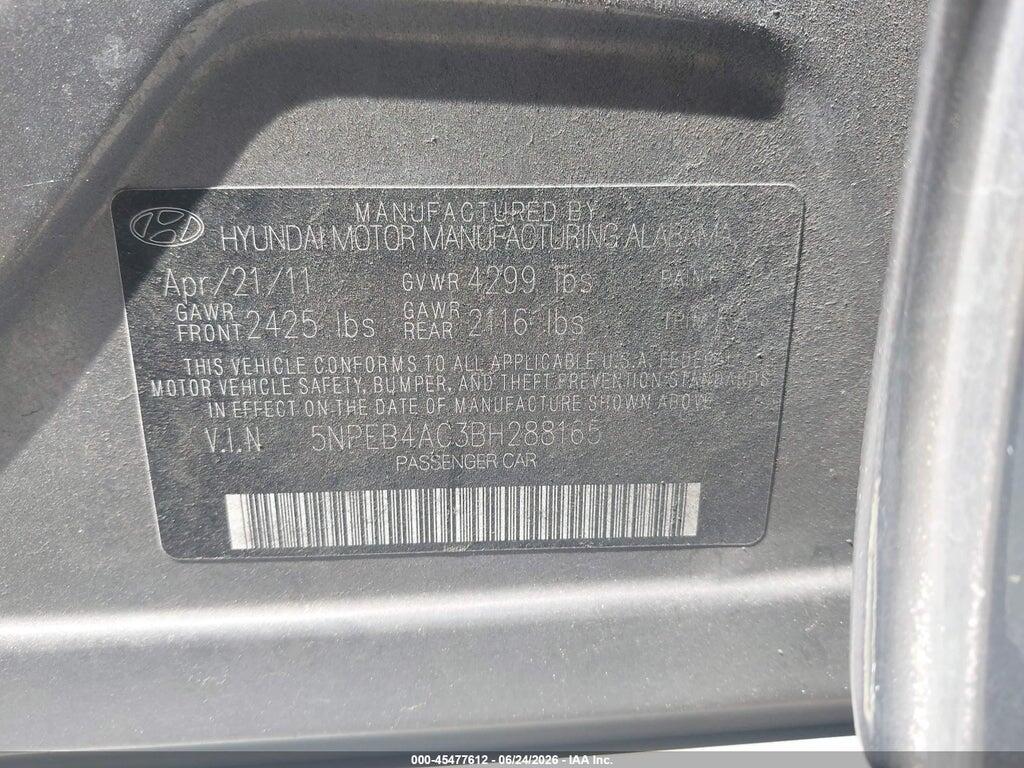 5NPEB4AC3BH288165 2011 HYUNDAI SONATA photo no. 9
