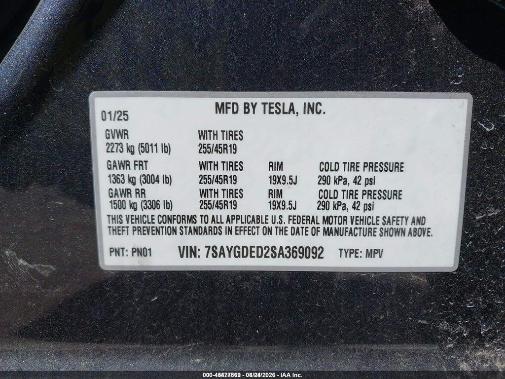7SAYGDED2SA369092 2025 TESLA MODEL Y photo no. 9