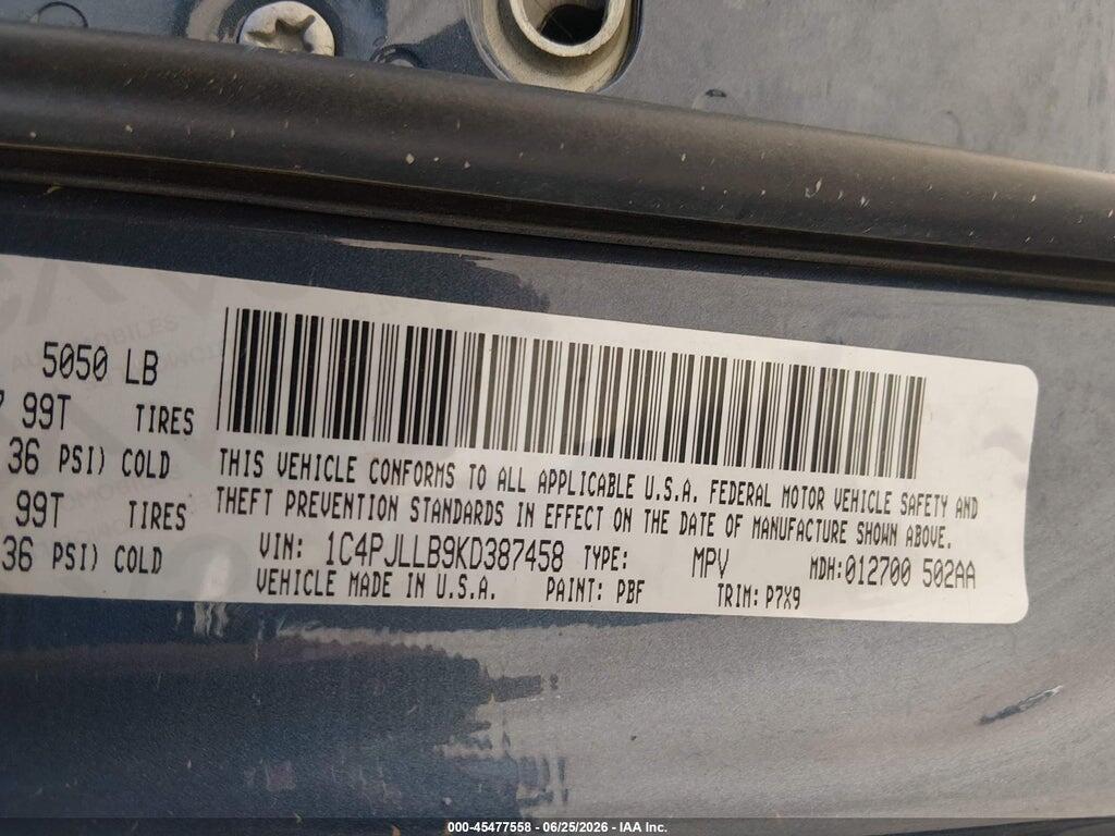 1C4PJLLB9KD387458 2019 JEEP CHEROKEE photo no. 9