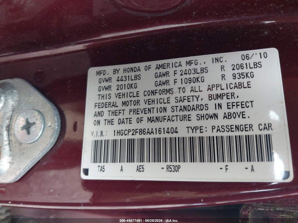 1HGCP2F86AA161404 2010 HONDA ACCORD photo no. 9