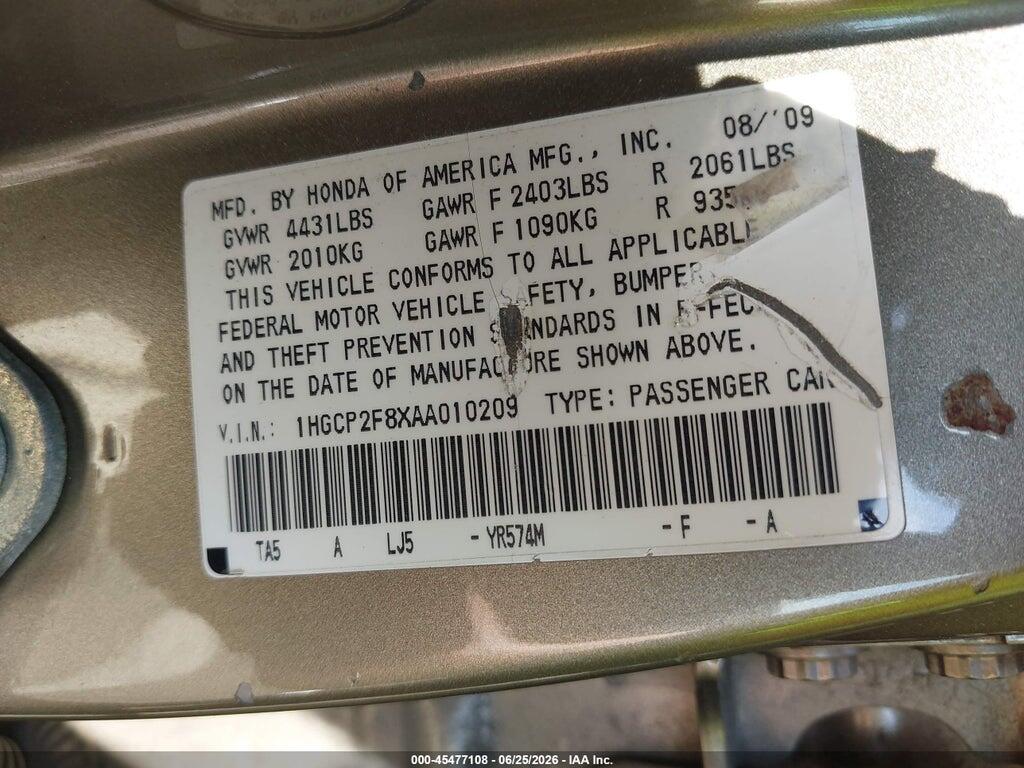 1HGCP2F8XAA010209 2010 HONDA ACCORD photo no. 9