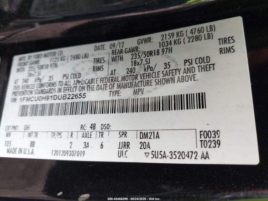 1FMCU0H91DUB22655 2013 FORD ESCAPE photo no. 9