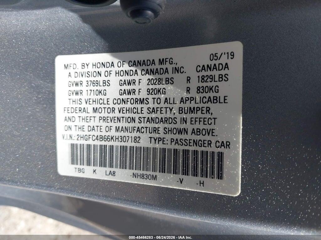 2HGFC4B66KH307182 2019 HONDA CIVIC photo no. 9