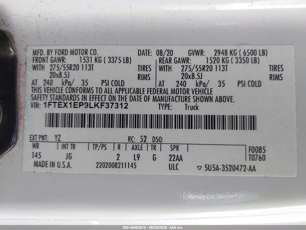 1FTEX1EP9LKF37312 2020 FORD F-150 photo no. 9