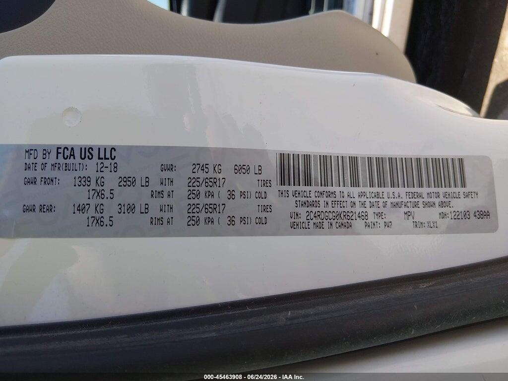 2C4RDGCG0KR621468 2019 DODGE GRAND CARAVAN photo no. 9
