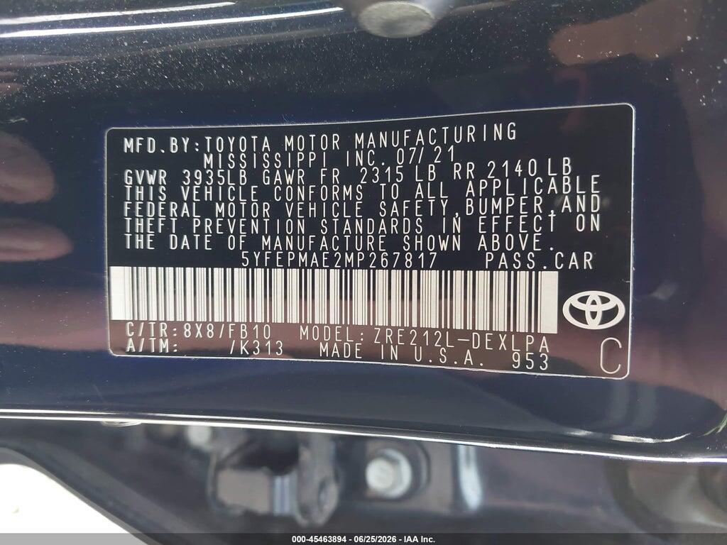 5YFEPMAE2MP267817 2021 TOYOTA COROLLA photo no. 9