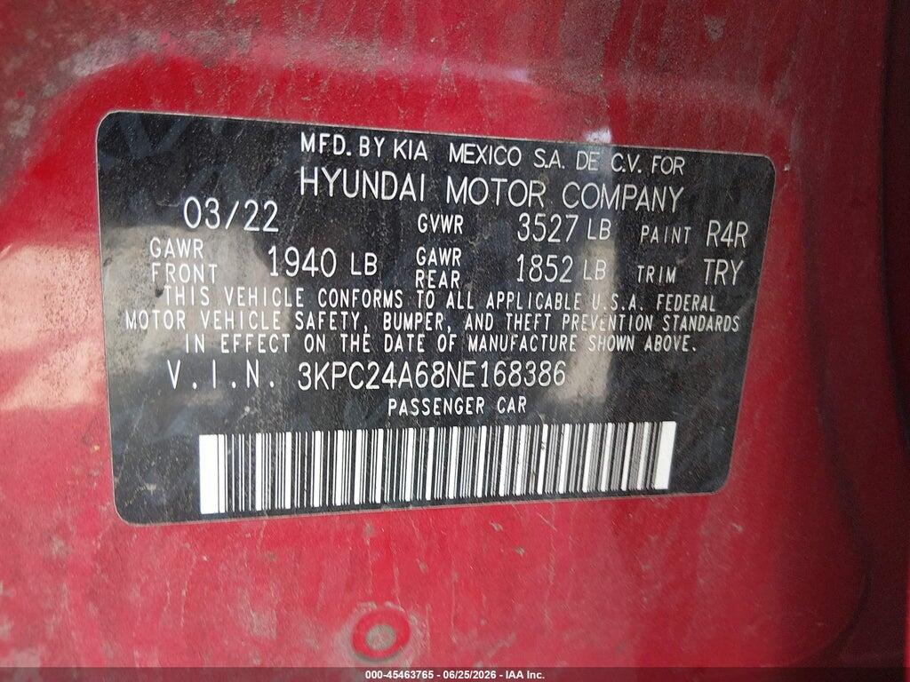 3KPC24A68NE168386 2022 HYUNDAI ACCENT photo no. 9