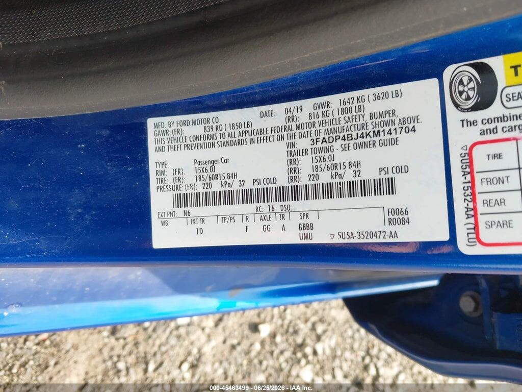 3FADP4BJ4KM141704 2019 FORD FIESTA photo no. 9