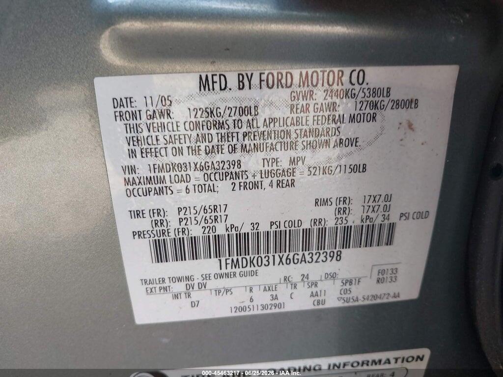 1FMDK031X6GA32398 2006 FORD FREESTYLE photo no. 9