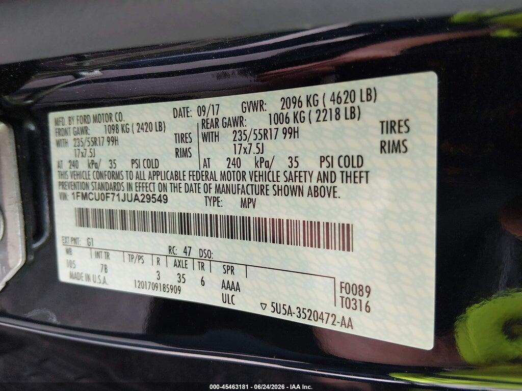 1FMCU0F71JUA29549 2018 FORD ESCAPE photo no. 9