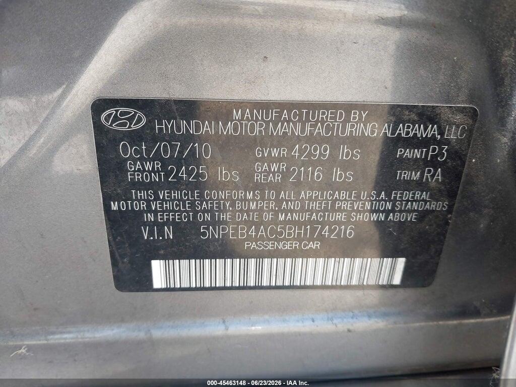 5NPEB4AC5BH174216 2011 HYUNDAI SONATA photo no. 9