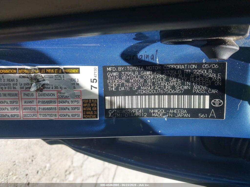 JTDKB20U767506457 2006 TOYOTA PRIUS photo no. 9