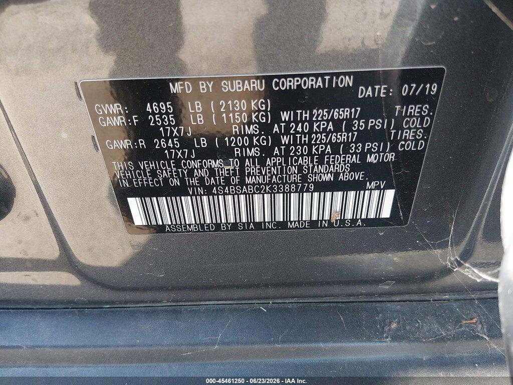 4S4BSABC2K3388779 2019 SUBARU OUTBACK photo no. 9