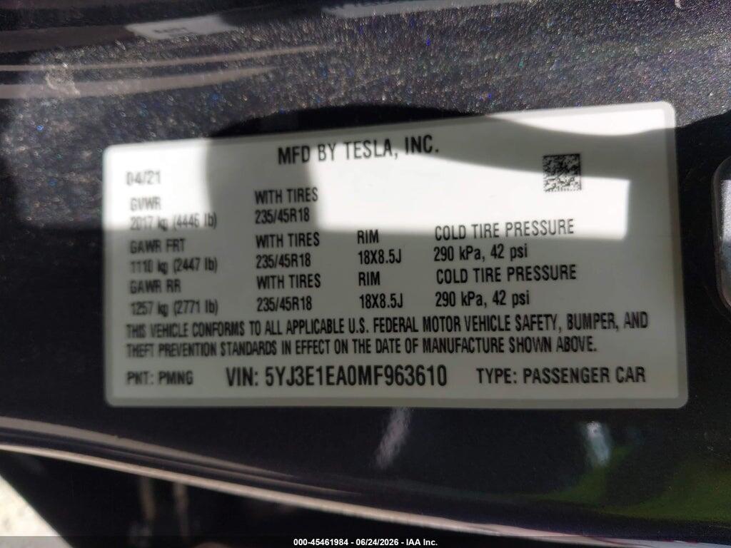 5YJ3E1EA0MF963610 2021 TESLA MODEL 3 photo no. 9