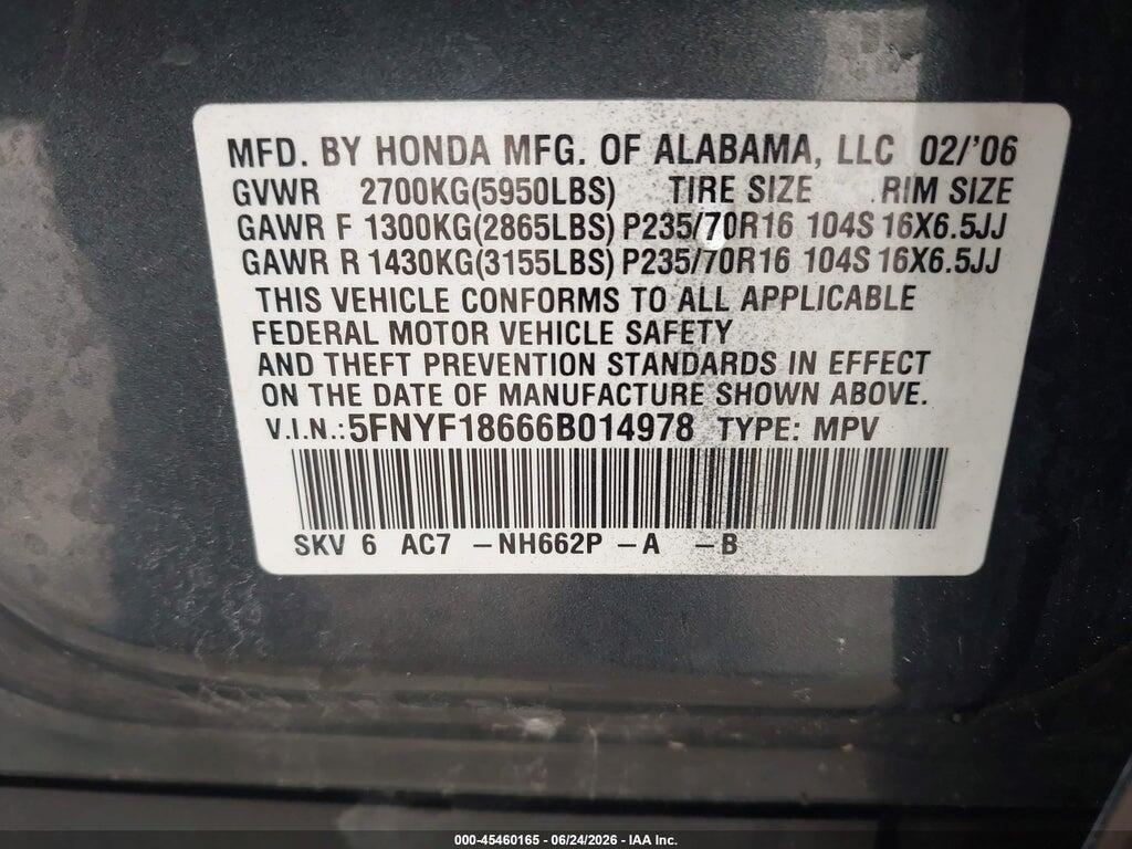 5FNYF18666B014978 2006 HONDA PILOT photo no. 9