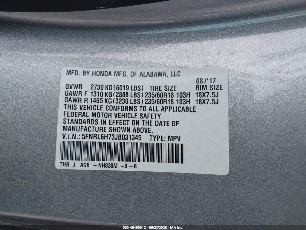 5FNRL6H73JB031345 2018 HONDA ODYSSEY photo no. 9