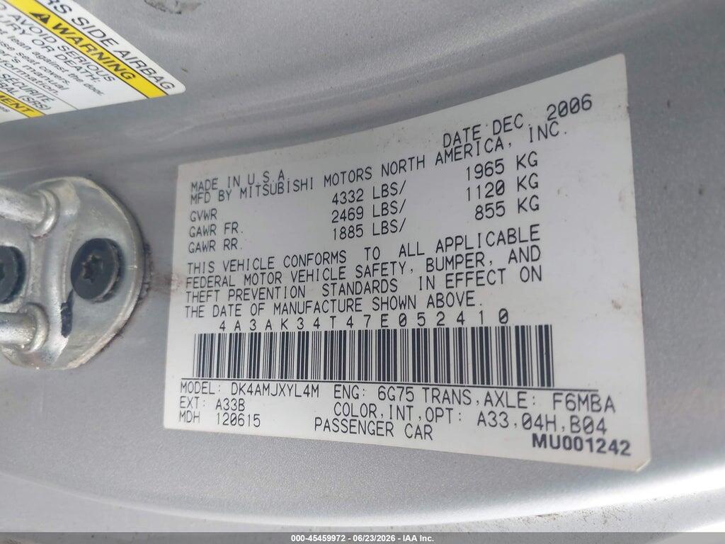 4A3AK34T47E052410 2007 MITSUBISHI ECLIPSE photo no. 9
