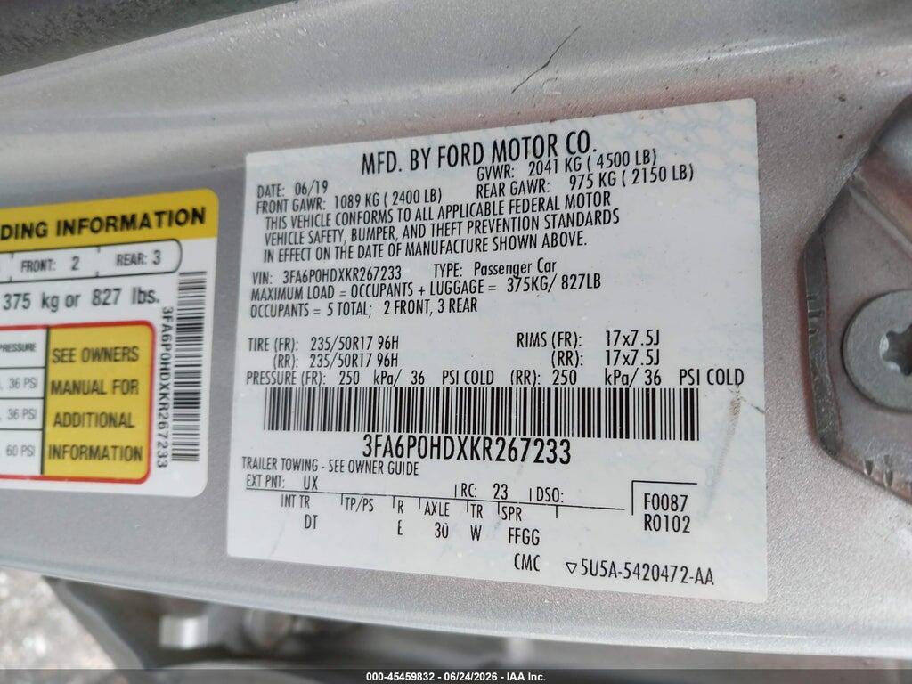 3FA6P0HDXKR267233 2019 FORD FUSION photo no. 9