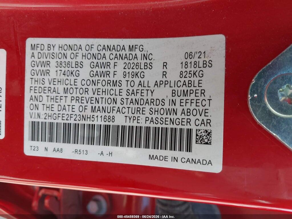 2HGFE2F23NH511688 2022 HONDA CIVIC photo no. 9