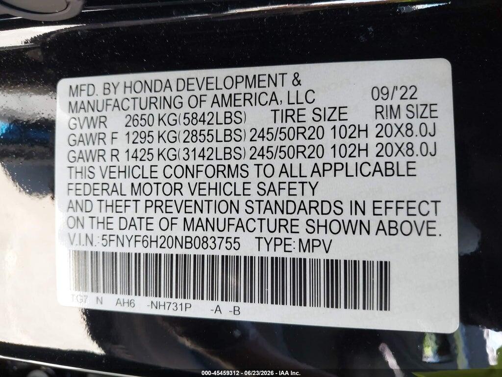 5FNYF6H20NB083755 2022 HONDA PILOT photo no. 9