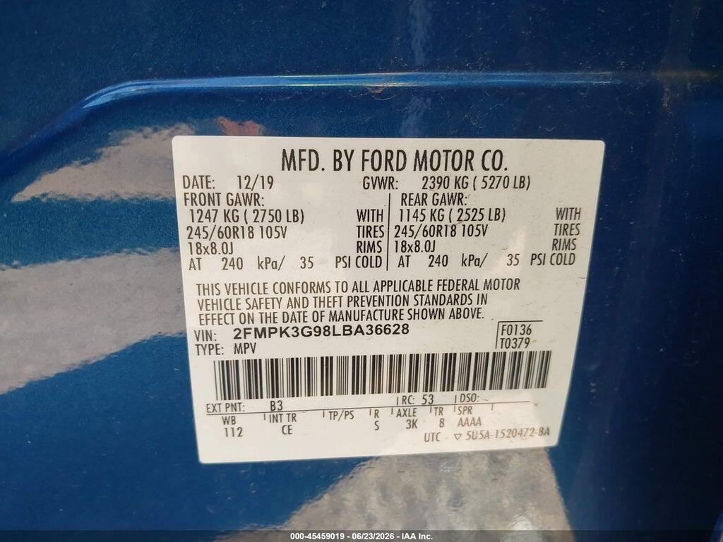2FMPK3G98LBA36628 2020 FORD EDGE photo no. 9