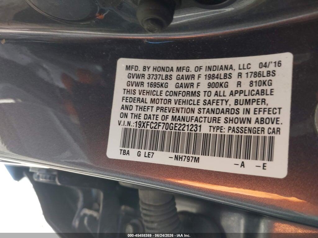 19XFC2F70GE221231 2016 HONDA CIVIC photo no. 9