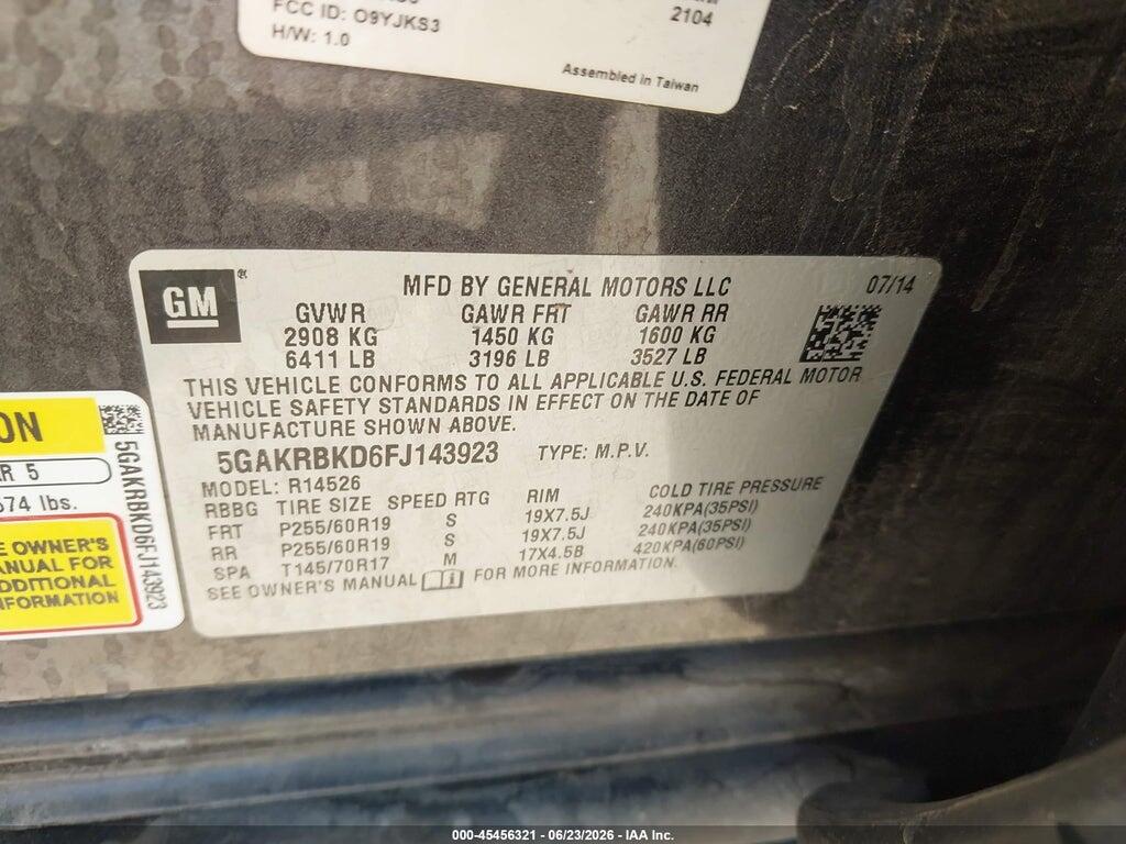 5GAKRBKD6FJ143923 2015 BUICK ENCLAVE photo no. 9