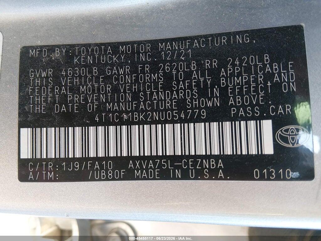 4T1C11BK2NU054779 2022 TOYOTA CAMRY photo no. 9
