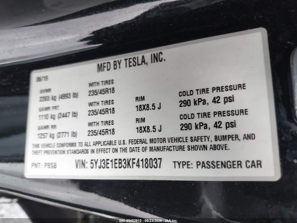 5YJ3E1EB3KF418037 2019 TESLA MODEL 3 photo no. 9