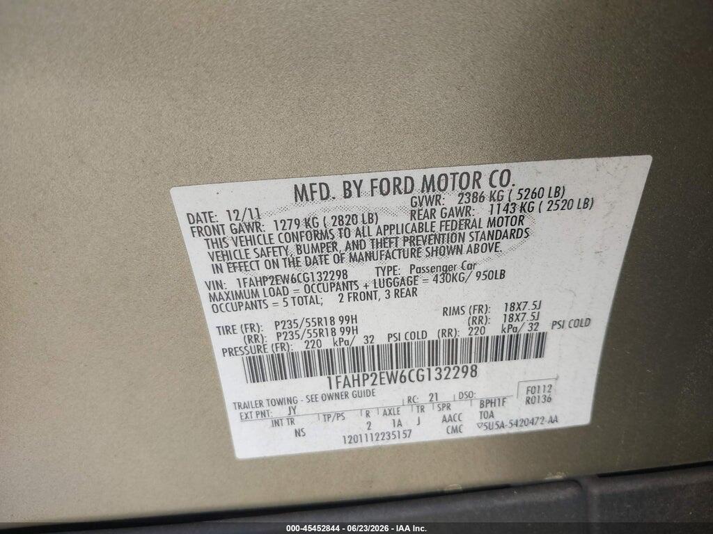 1FAHP2EW6CG132298 2012 FORD TAURUS photo no. 9