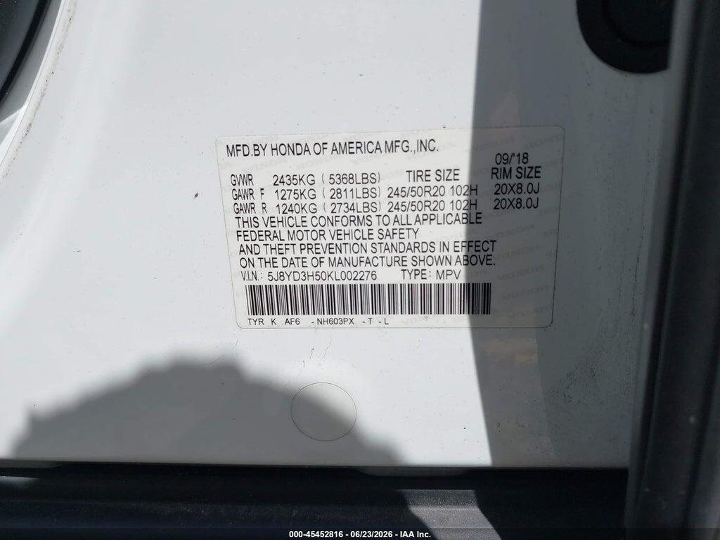 5J8YD3H50KL002276 2019 ACURA MDX photo no. 9