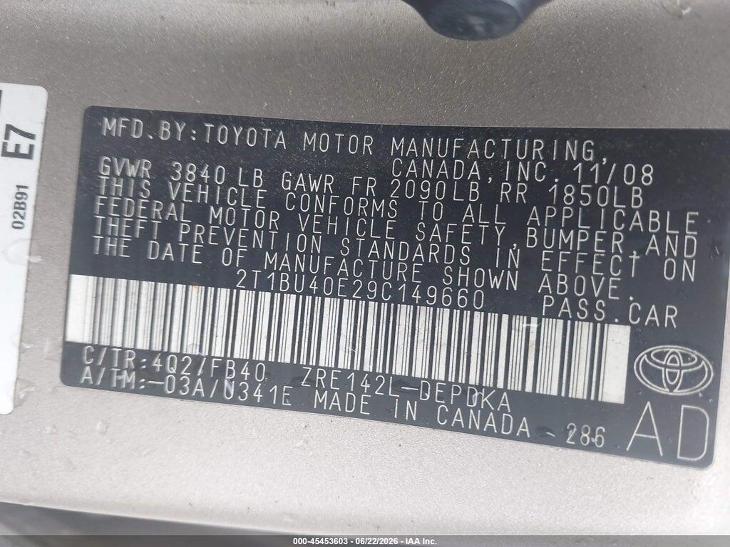 2T1BU40E29C149660 2009 TOYOTA COROLLA photo no. 9