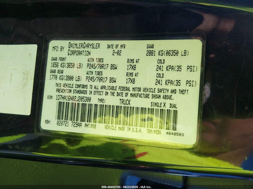 1D7HA16N02J205300 2002 DODGE RAM 1500 photo no. 9