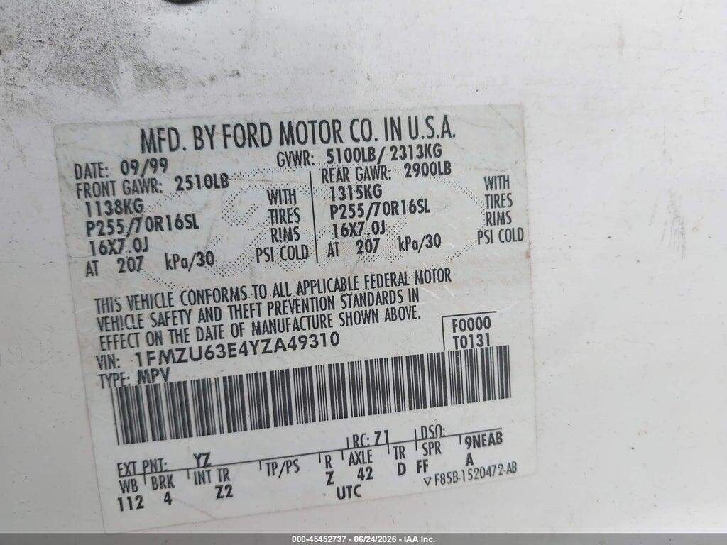1FMZU63E4YZA49310 2000 FORD EXPLORER photo no. 9
