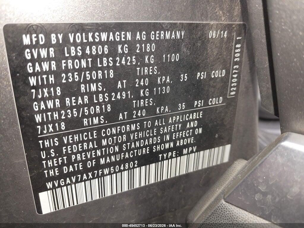 WVGAV7AX7FW504802 2015 VOLKSWAGEN TIGUAN photo no. 9