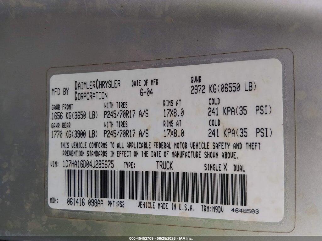 1D7HA16D04J285675 2004 DODGE RAM 1500 photo no. 9