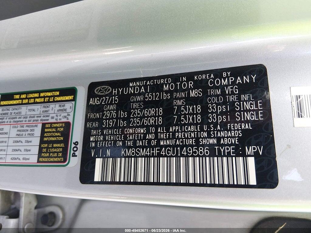 KM8SM4HF4GU149586 2016 HYUNDAI SANTA FE photo no. 9