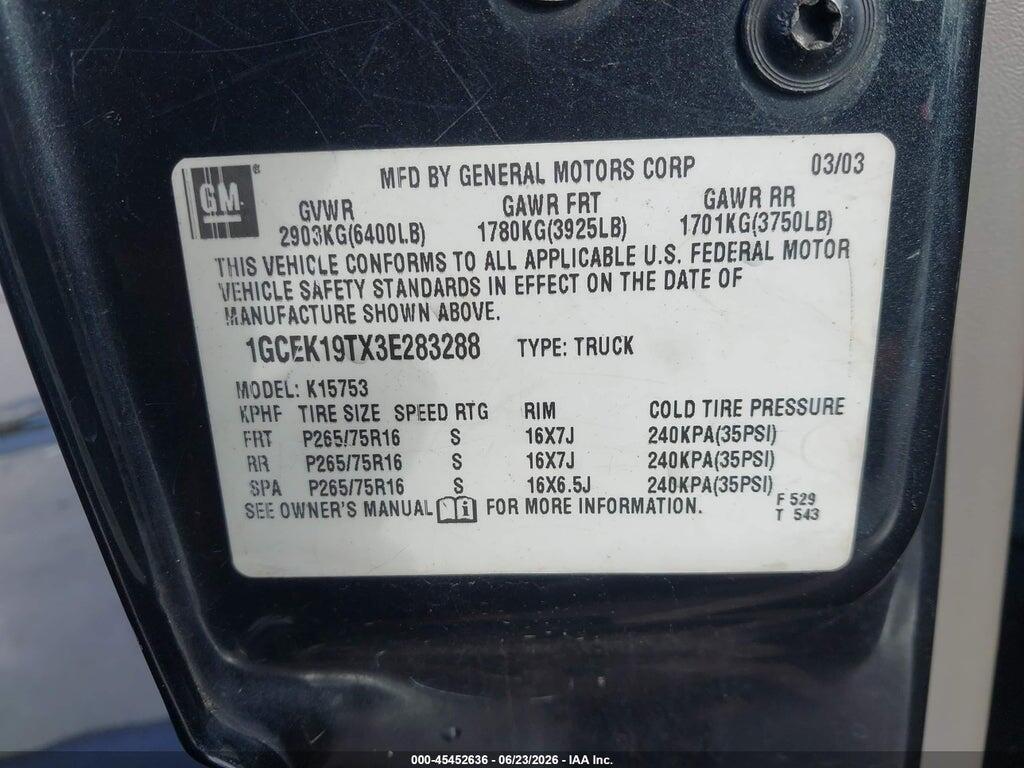 1GCEK19TX3E283288 2003 CHEVROLET SILVERADO 1500 photo no. 9
