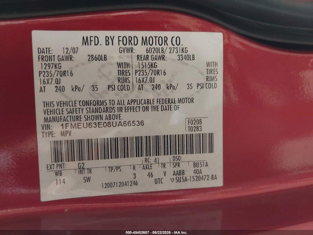 1FMEU63E08UA66536 2008 FORD EXPLORER photo no. 9