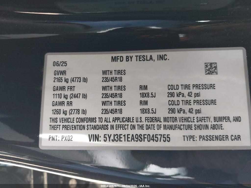 5YJ3E1EA9SF045755 2025 TESLA MODEL 3 photo no. 9