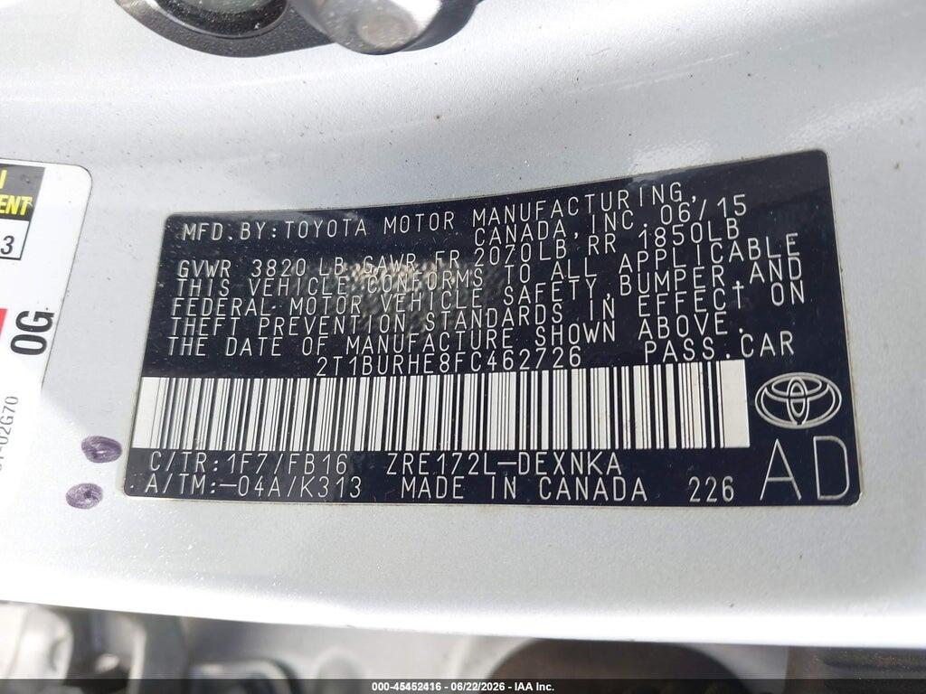 2T1BURHE8FC462726 2015 TOYOTA COROLLA photo no. 9