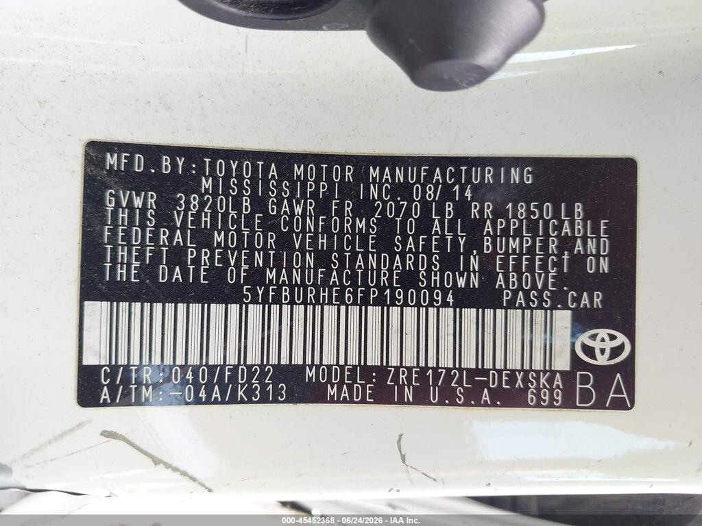 5YFBURHE6FP190094 2015 TOYOTA COROLLA photo no. 9
