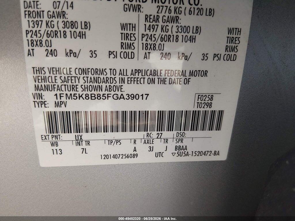 1FM5K8B85FGA39017 2015 FORD EXPLORER photo no. 9