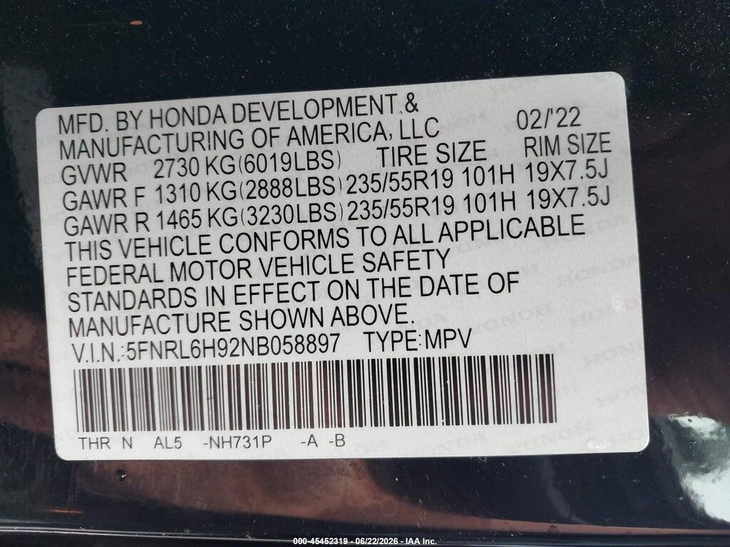 5FNRL6H92NB058897 2022 HONDA ODYSSEY photo no. 9