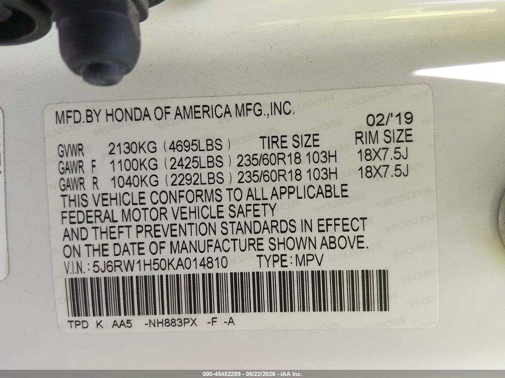 5J6RW1H50KA014810 2019 HONDA CR-V photo no. 9