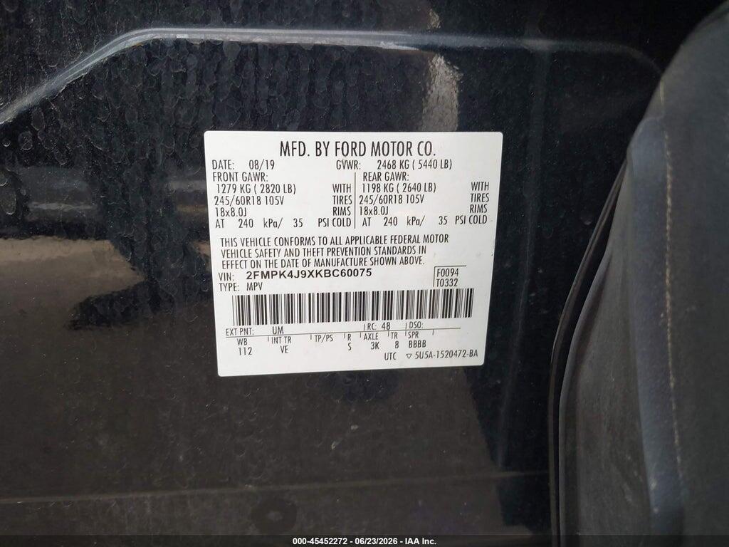 2FMPK4J9XKBC60075 2019 FORD EDGE photo no. 9