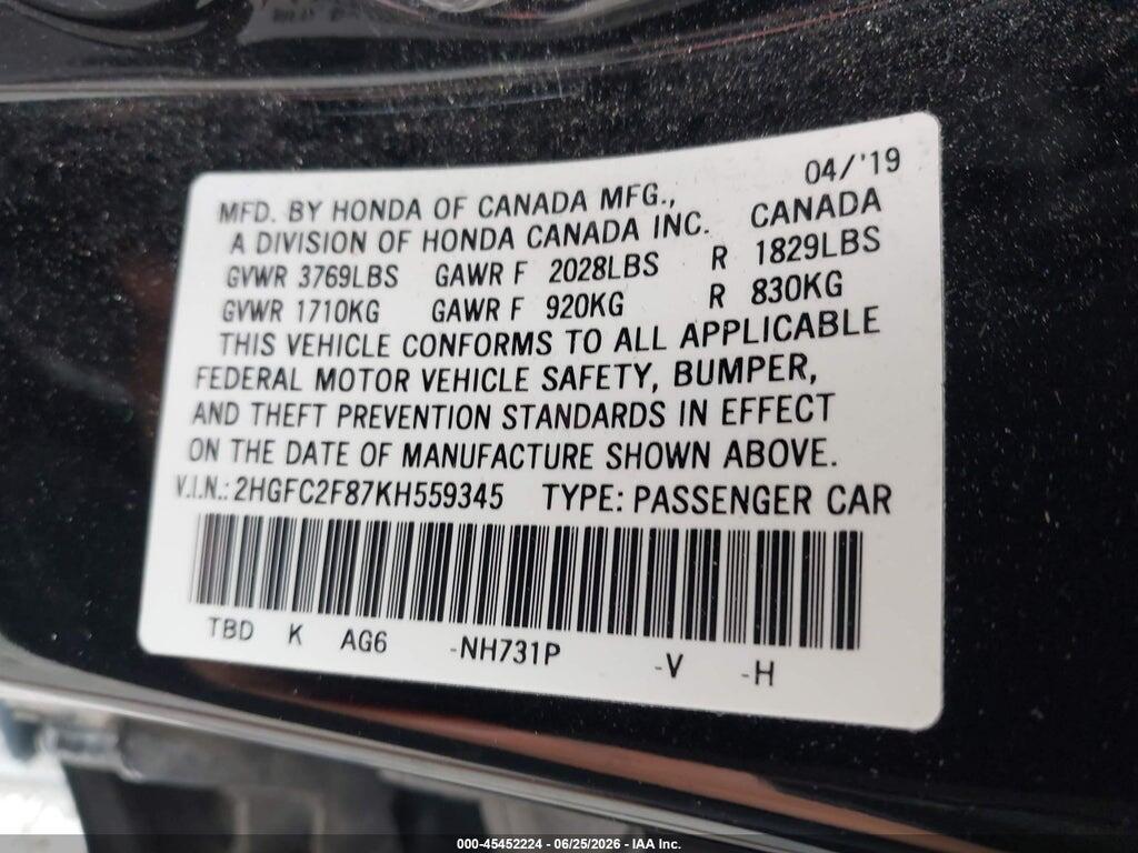 2HGFC2F87KH559345 2019 HONDA CIVIC photo no. 9