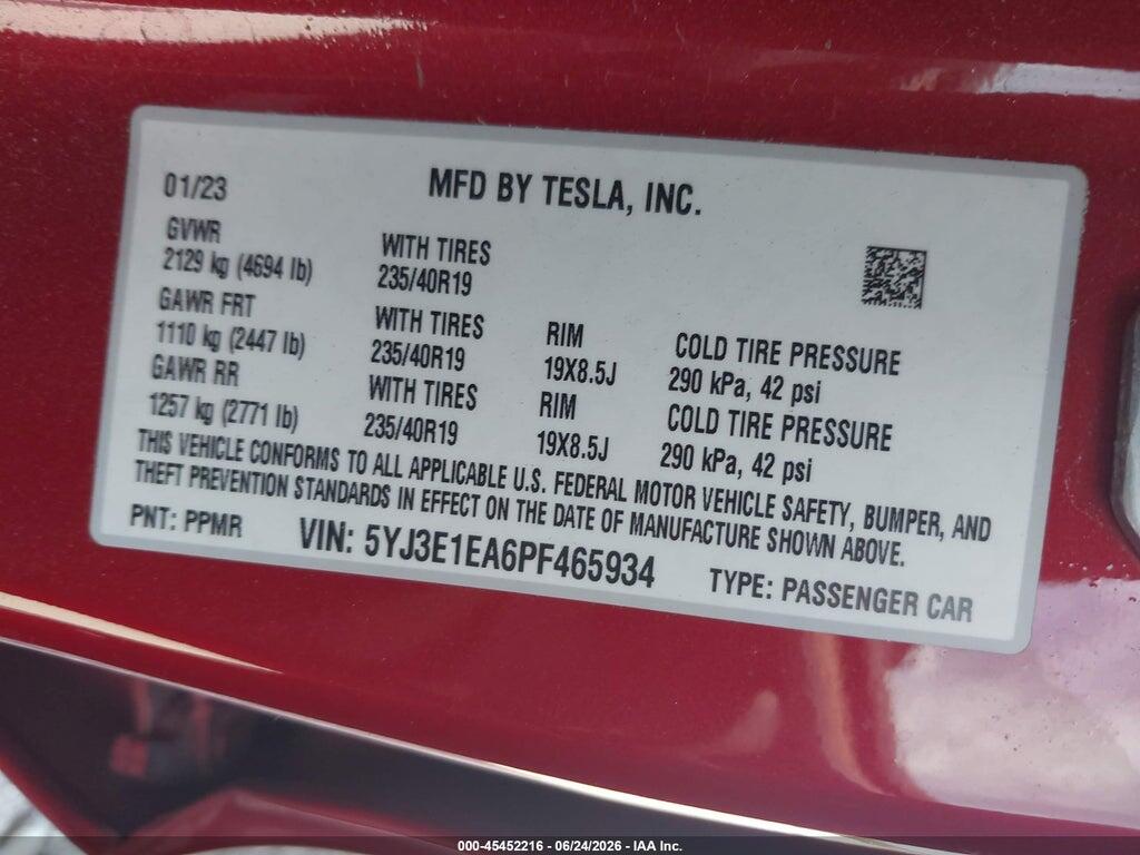 5YJ3E1EA6PF465934 2023 TESLA MODEL 3 photo no. 9